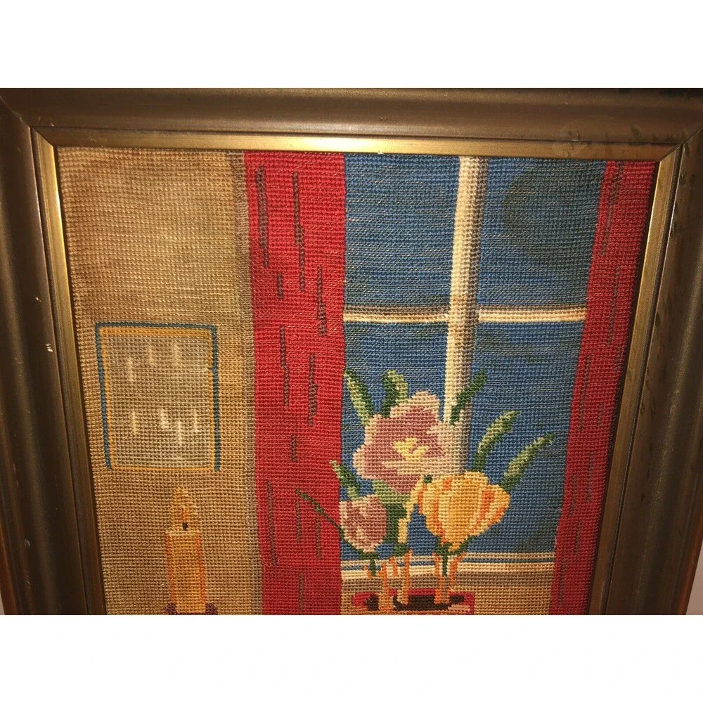 VTG 60s 70s STILL LIFE Bible Flowers Table Candle Christian Cross Stitch Framed